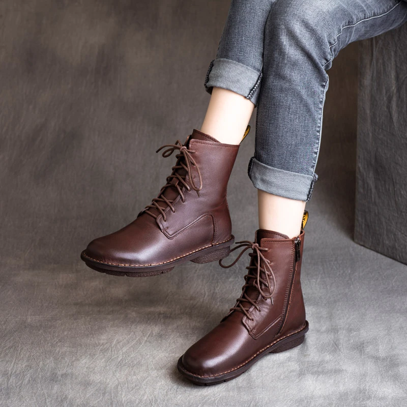 2025年秋冬新款民族风复古真皮手工侧拉链短靴系带软底平底棉靴