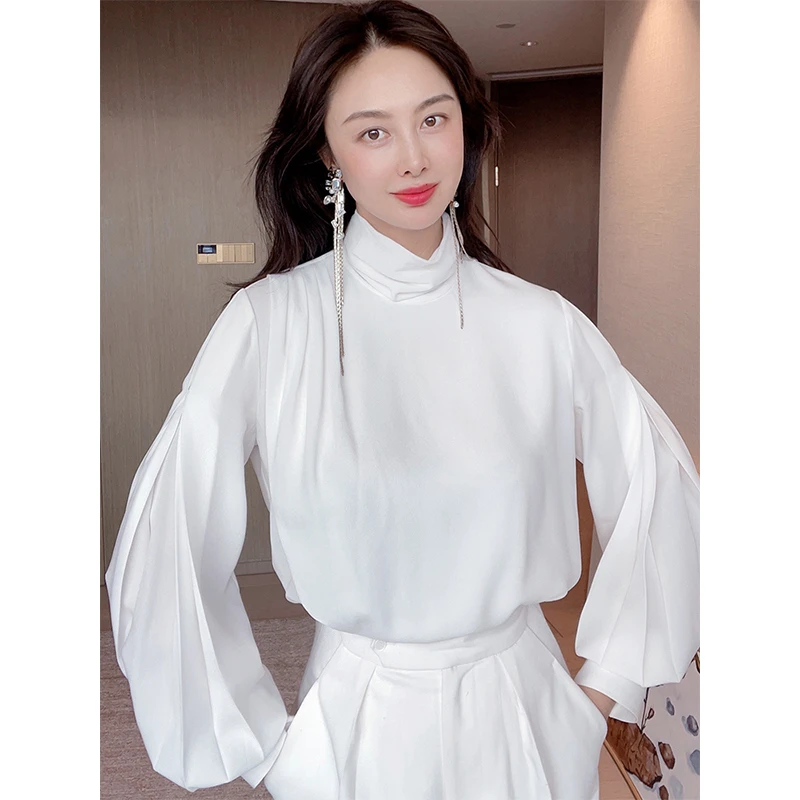 TRACYCHU【现货】街头白色多层设计师时尚气质打底立领长袖衬衫上衣