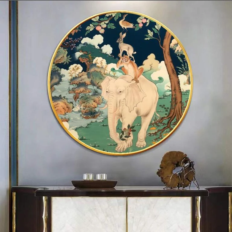 【西藏包邮】带灯藏式圆形和谐四瑞长寿老人挂画晶瓷烤瓷工艺镶钻