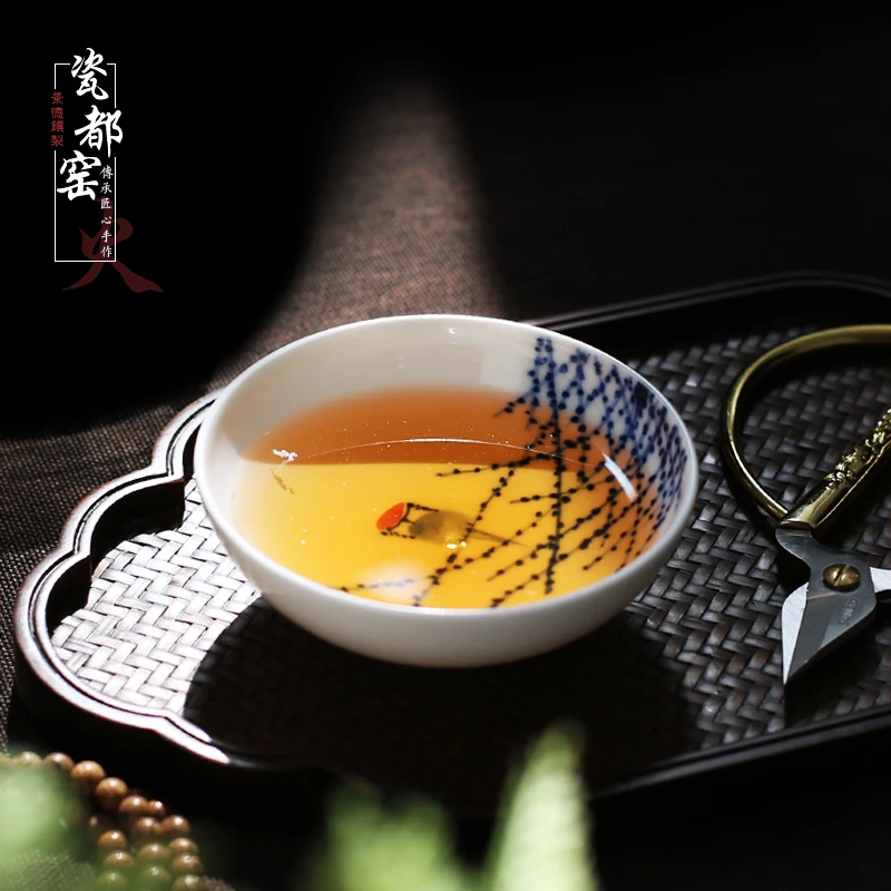 高档复古茶杯手工手绘青花单个杯白瓷功夫喝茶杯大口家用主人茶杯