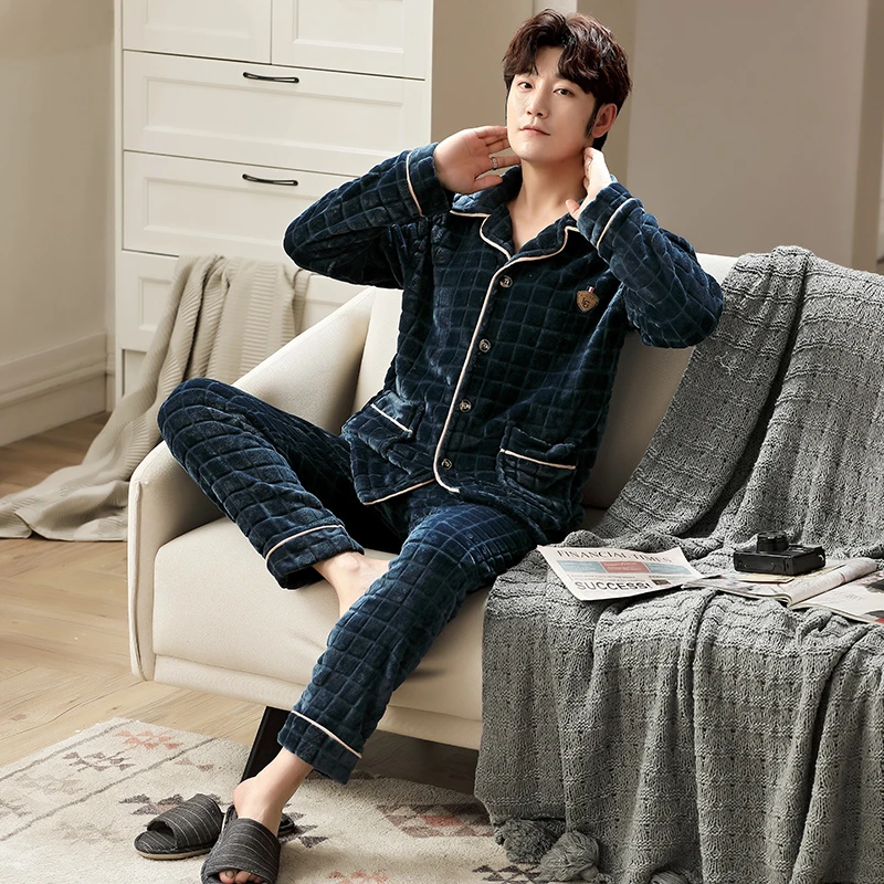 男士秋冬季加厚珊瑚绒睡衣长袖家居服保暖套装