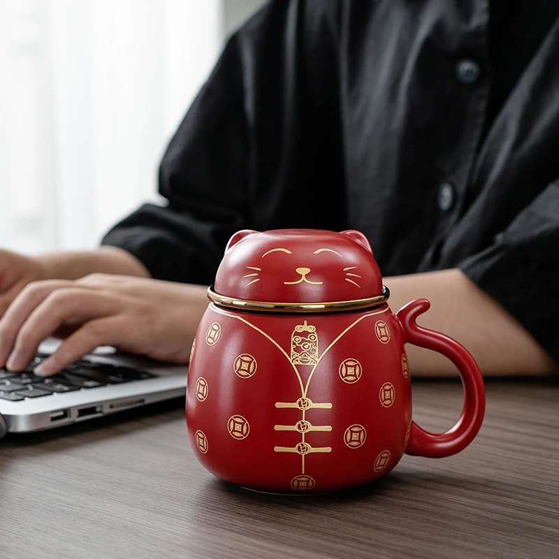 招财猫马克杯泡茶杯创意陶瓷过滤水杯带盖办公室喝水杯子文创礼品
