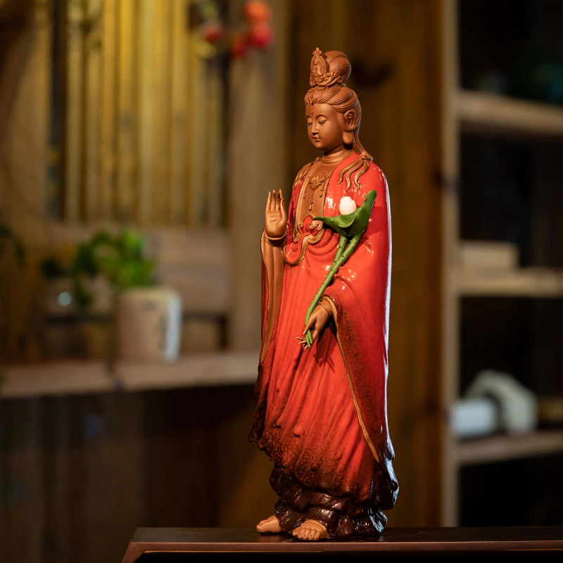 新中式持莲观音佛具陶瓷手工艺品创意站立禅意家居家用玄关摆件