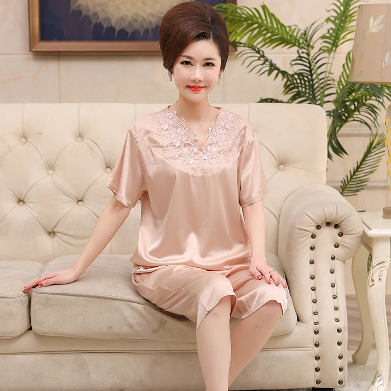 中老年妈妈冰丝绸睡衣女士夏季薄款短袖七分裤夏天家居服两件套装