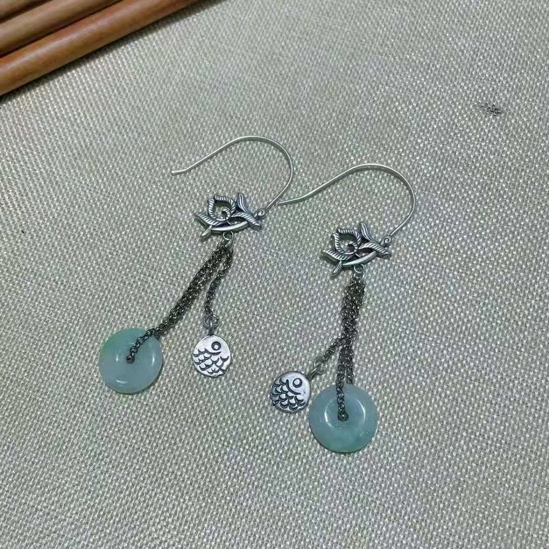 S925银 复古民族风百搭手工DIY流苏 平安扣耳环耳饰 0030