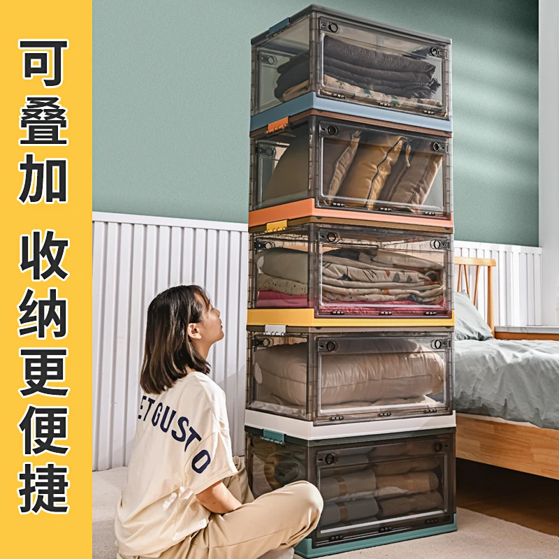 收纳箱家用玩具零食衣物整理筐透明折叠箱子衣服塑料储物盒带滑轮