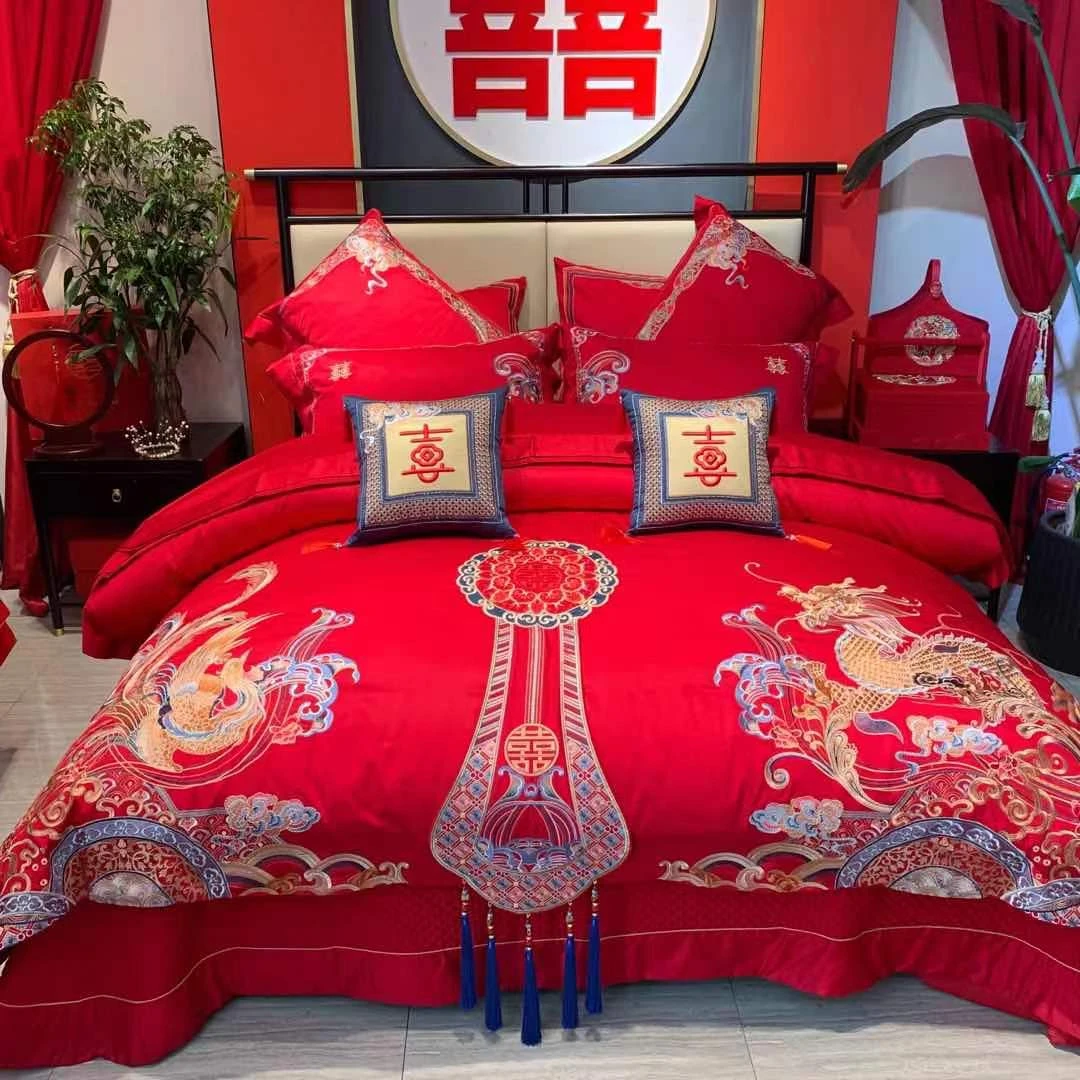长绒棉结婚大红刺绣四件套六件套十件套纯棉多件套