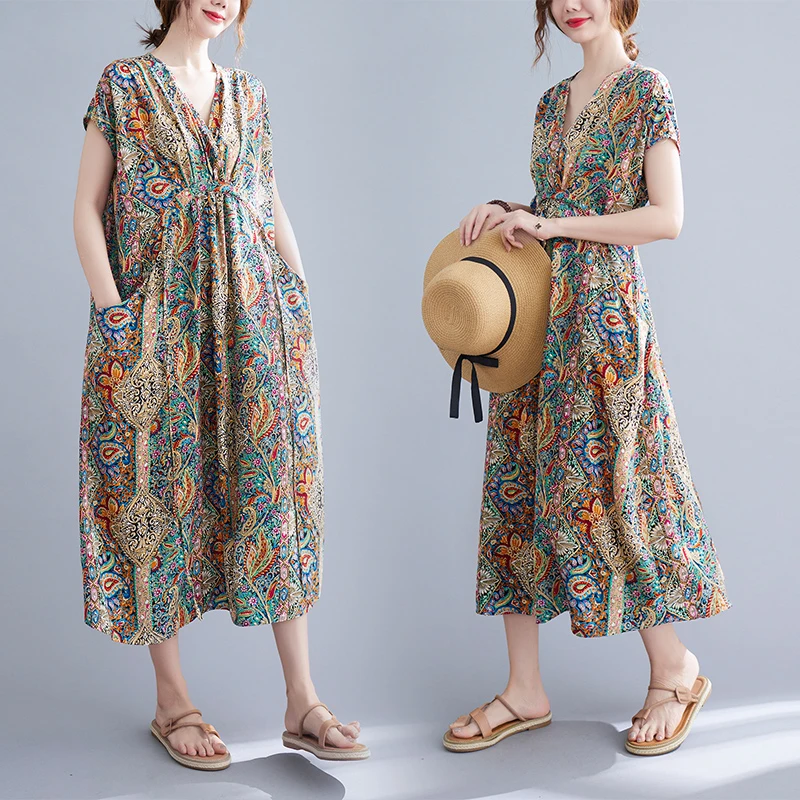 2025年夏季新品文艺范气质高腰V领连衣裙复古显瘦中长花色中长裙