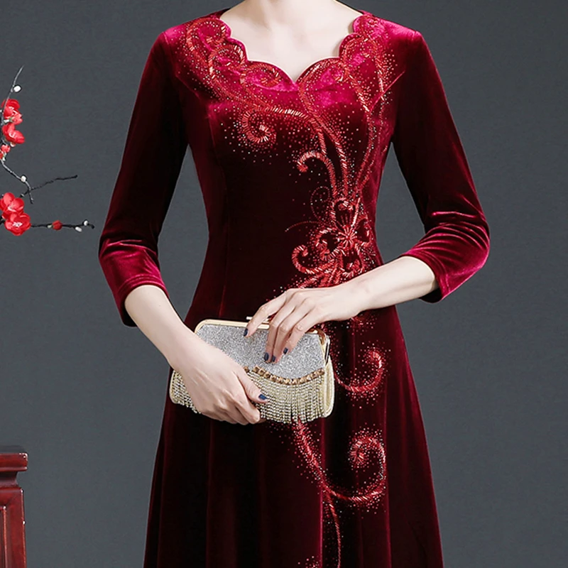 宸妙艳69291婚礼妈妈礼服高贵优雅金丝绒连衣裙喜婆婆婚宴礼服