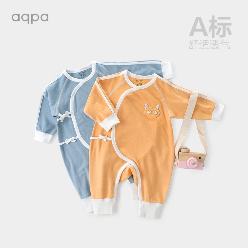 aqpa新生儿绑带哈衣春秋新品婴儿和尚服男女宝宝长袖保暖爬服可爱