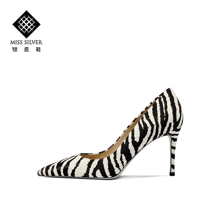 MISSSILVER百搭时尚浅口细跟高跟鞋女2025爆款洋气斑马纹真皮女鞋