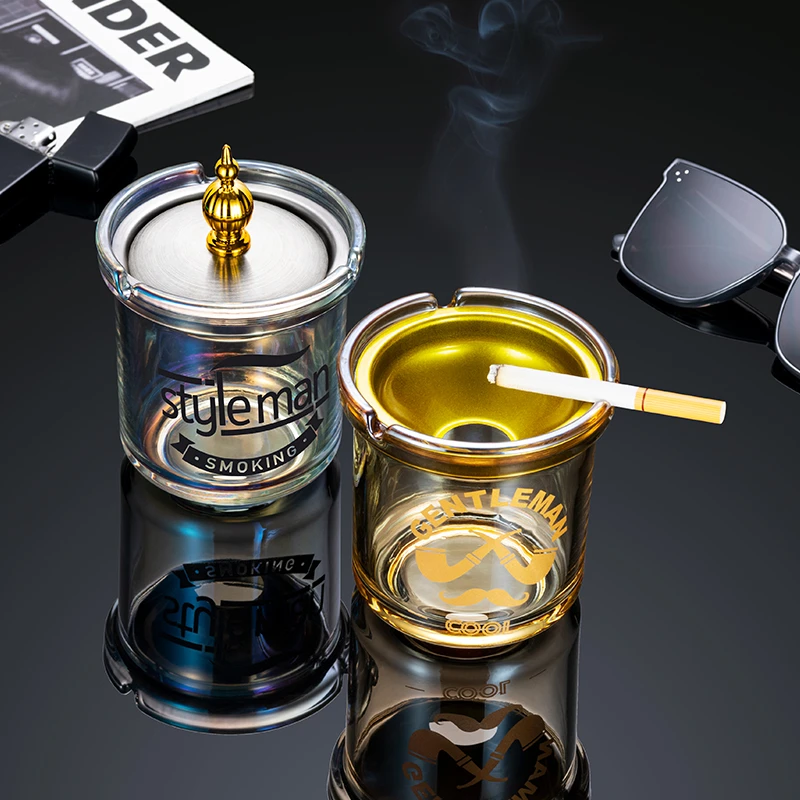 紫山竹烟灰缸家用客厅防飞灰办公室创意不锈钢漏斗烟灰盅带盖烟缸