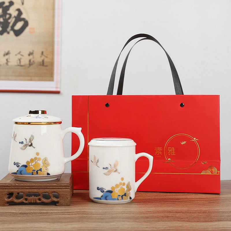 德化白瓷羊脂玉办公杯家用带盖陶瓷礼品泡茶杯创意马克杯礼盒套装