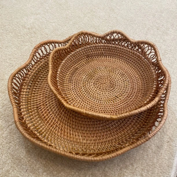 TB026藤编镂空花边盘果篮两件套