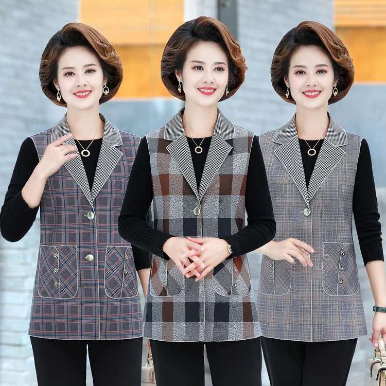 中老年女士春秋款时尚格子马甲中长款妈妈装坎肩背心薄款马夹外套