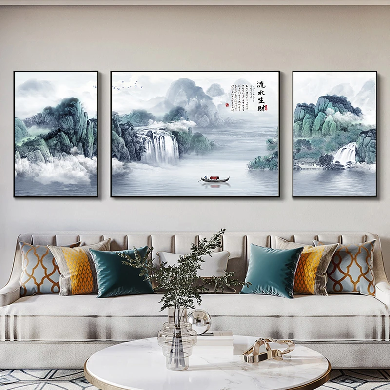 流水生财客厅背景墙挂画山水画风水靠山招财山水画背景墙挂画镶钻