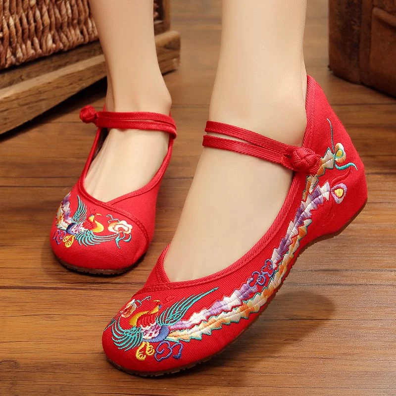 夏季老北京布鞋女款民族风绣花鞋牛筋底内增高单鞋坡跟广场舞女鞋