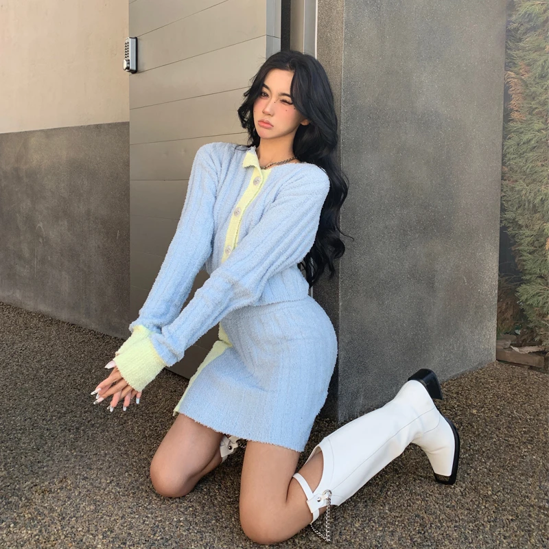 OBGD慵懒学院风乖巧纯欲甜辣妹针织毛织上衣+包臀半身短裙套装Y71