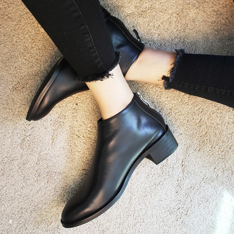 林印象自制切尔西中粗跟短靴女鞋秋冬复古黑色牛皮后拉链裸靴