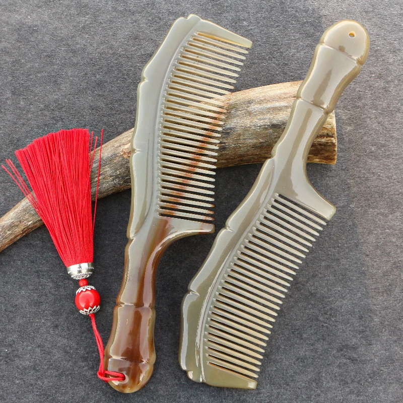 白牛角梳子按摩密齿粗宽齿护养长发手工竹节雕花化妆梳长20厘米