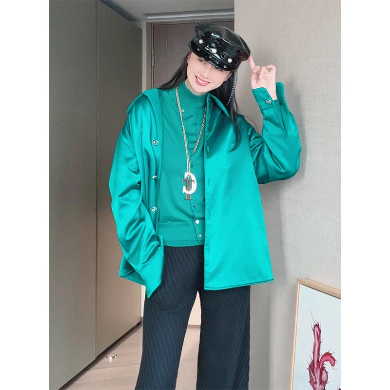 TRACYCHU祖母绿双层轮廓型时尚长袖百搭休闲百搭宽松棉服外套上衣