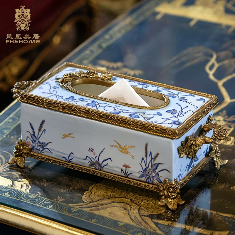 FH&HOME/凤凰美居欧式家居高端纸巾盒家用手绘陶瓷客厅餐厅纸巾盒
