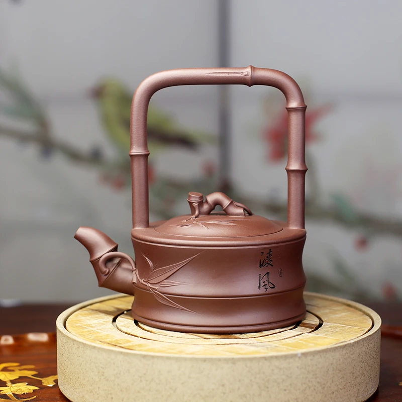 宜兴紫砂壶高工史爱民老师手工作品竹段提梁壶原矿紫泥480cc