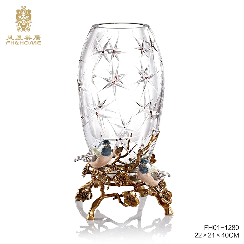 FH&HOME/凤凰美居轻奢手工铜配水晶玻璃配瓷鸟花器工艺饰品