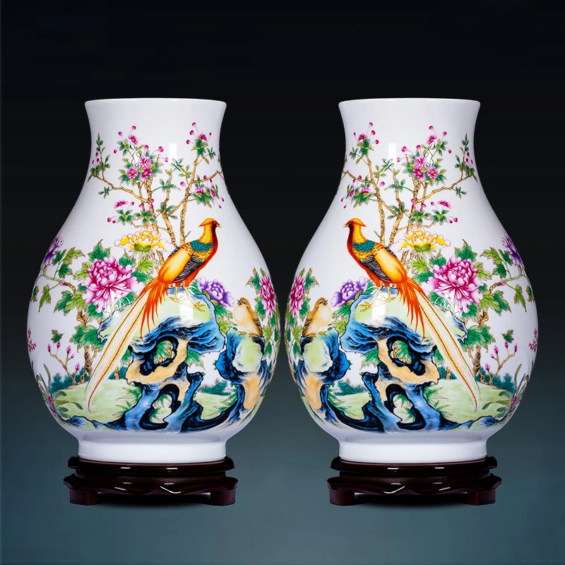 鸿轩景德镇陶瓷器粉彩花瓶大口养富贵竹家居一对花鸟福筒樽摆件