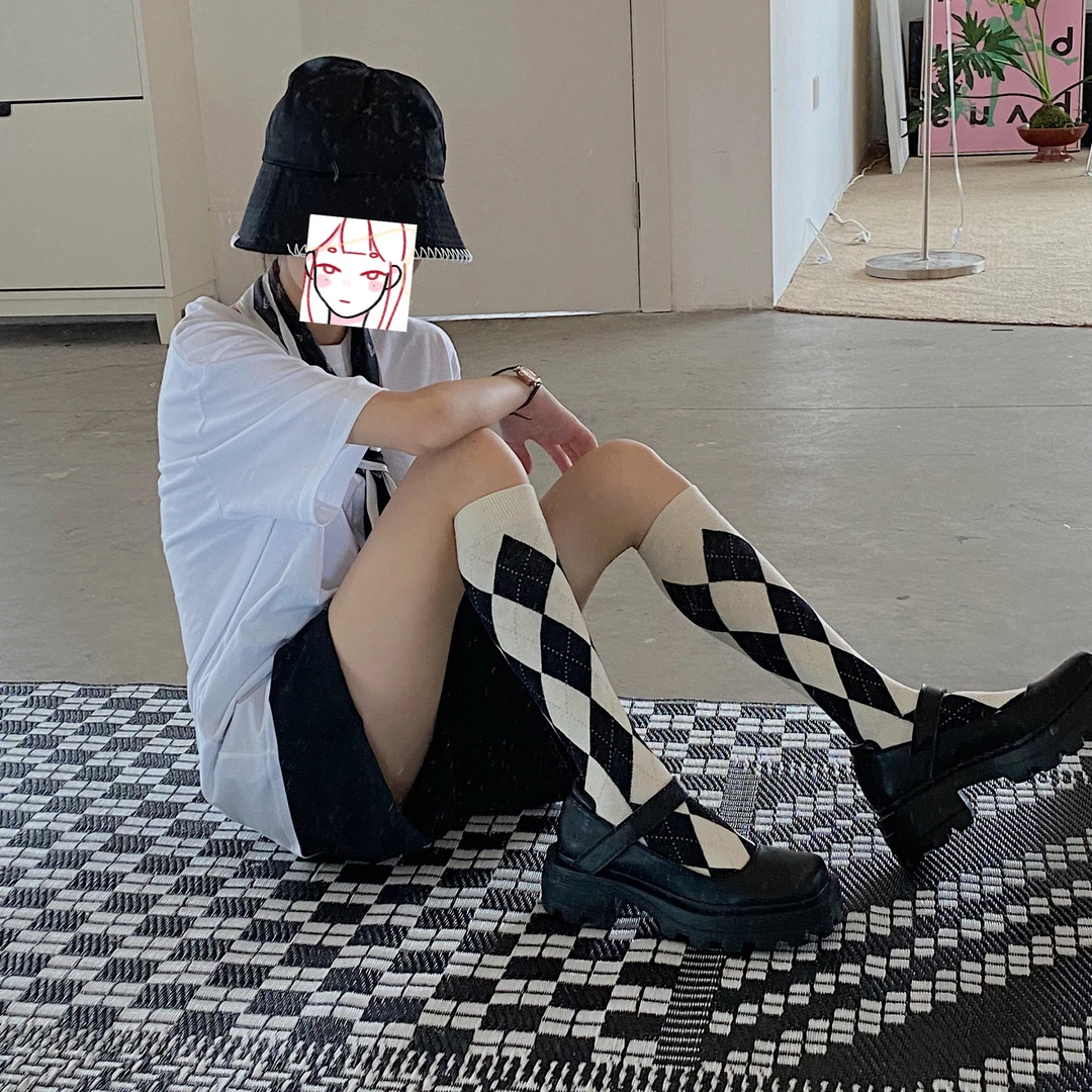 3双菱格小腿袜日系jk袜子女ins潮复古英伦格子高筒袜纯棉及膝袜女