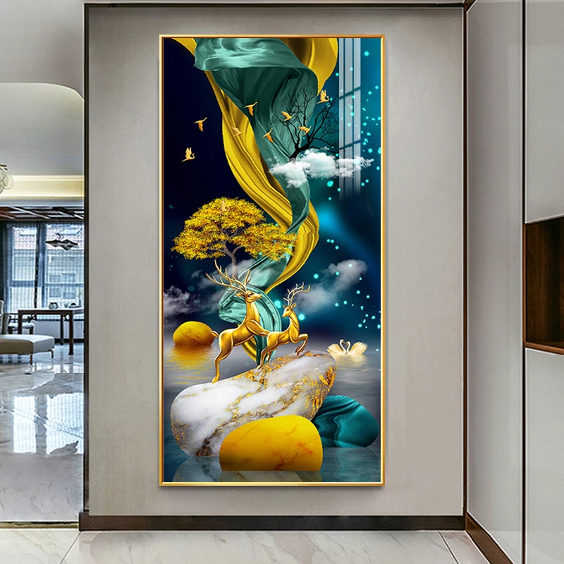 入户玄关装饰壁挂画简约现代轻奢走廊过道客厅竖版挂鹿晶瓷画艺术