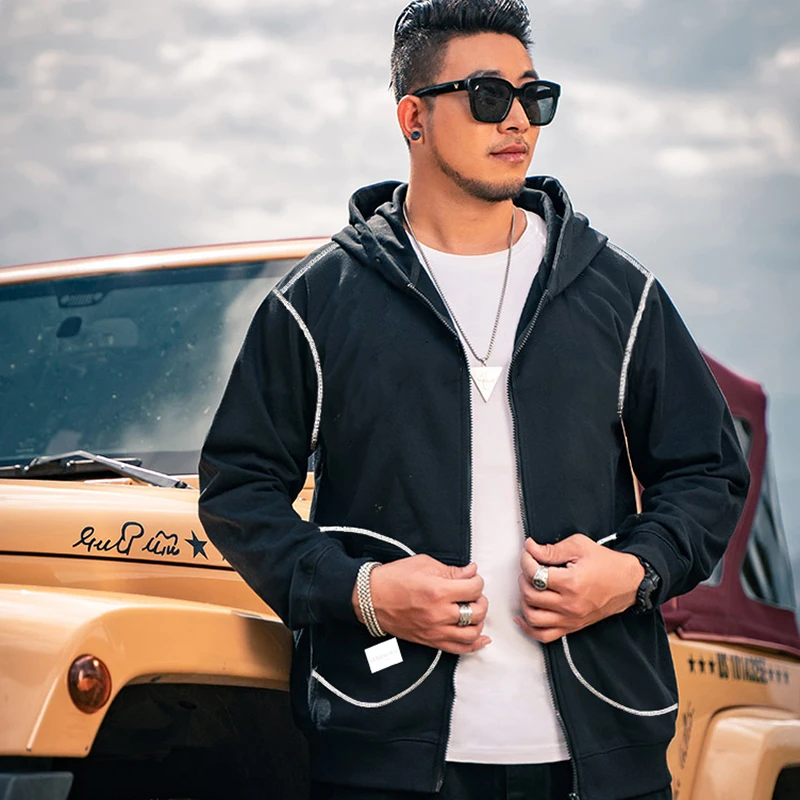 新款外套男宽松大码上衣显瘦连帽个性肥佬纯色卫衣胖子休闲外套