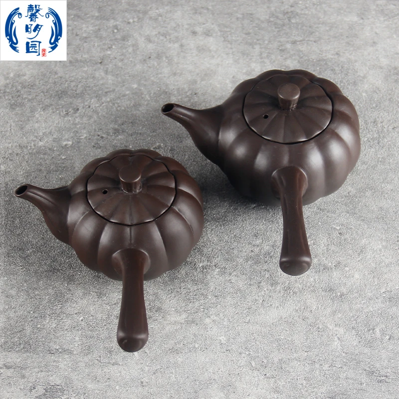 馨明园陶瓷大埔紫陶南瓜壶防烫手侧把茶壶家用大容量茶壶功夫茶具