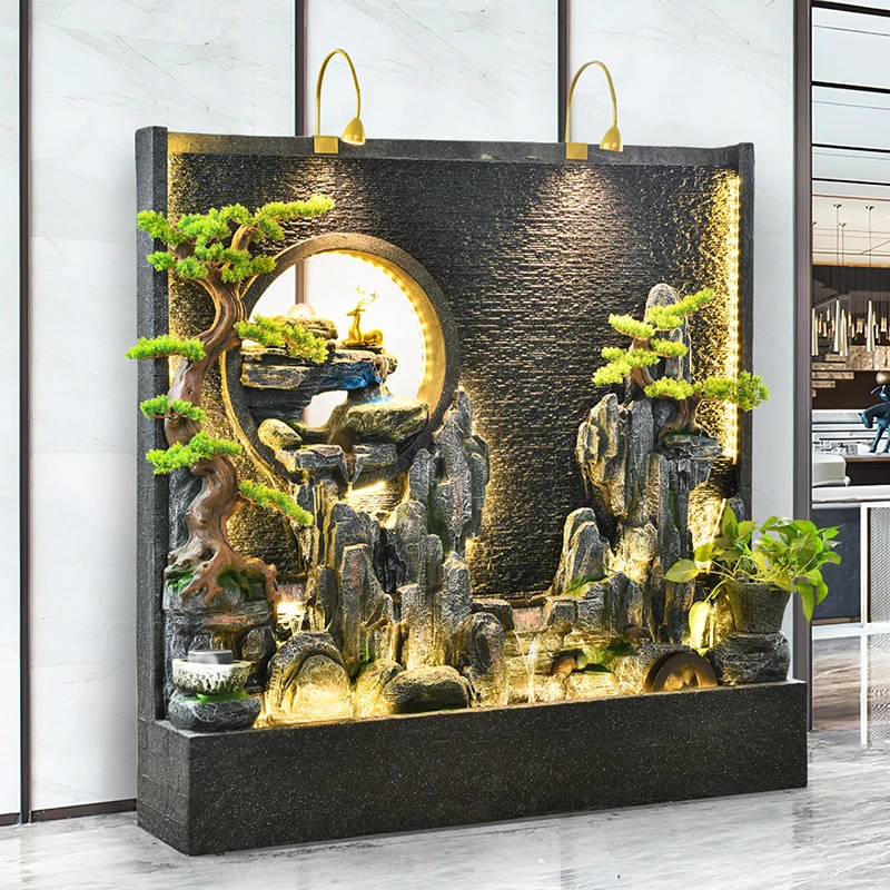 新中式假山水幕墙流水屏风隔断摆件公司酒店水系景观装饰庭院造景
