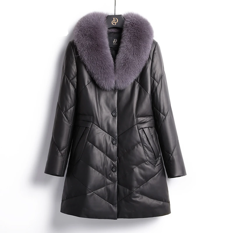 法歌弟FA222 中老年大码真皮羽绒服妈妈装大毛领修身加厚中长款