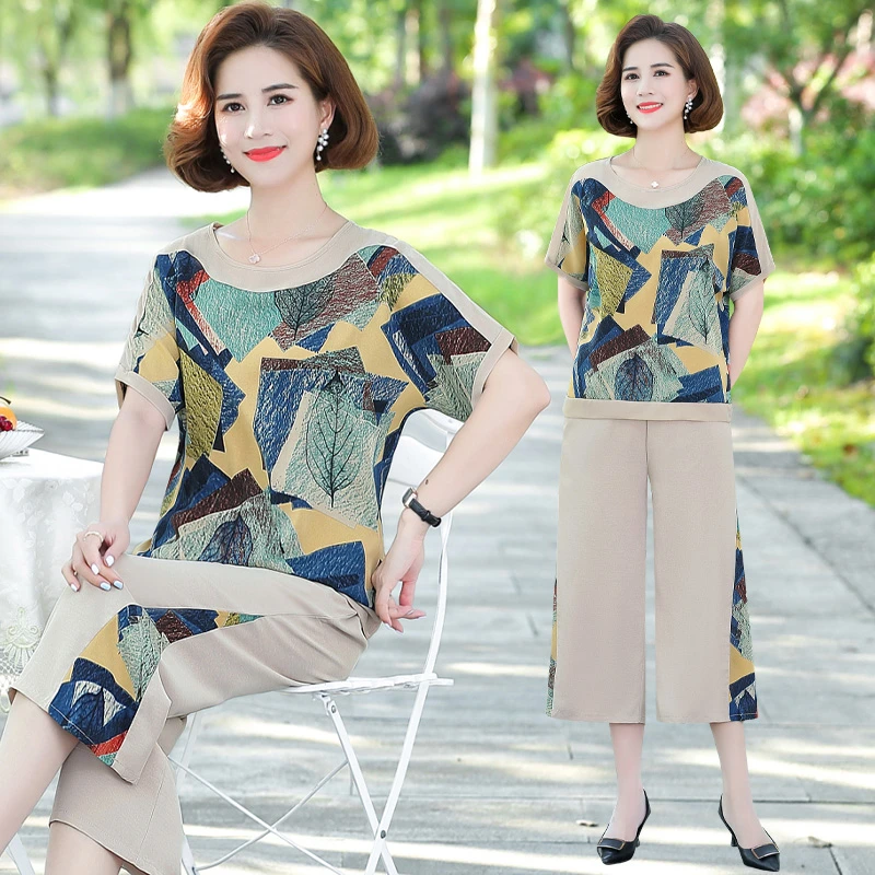 妈妈装夏季套装衣服中年女装T恤洋气中老年夏装高档阔太太50岁60