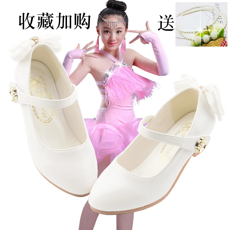 女童皮鞋春秋季高跟公主鞋小中大童白色表演出舞蹈童鞋蝴蝶结单鞋