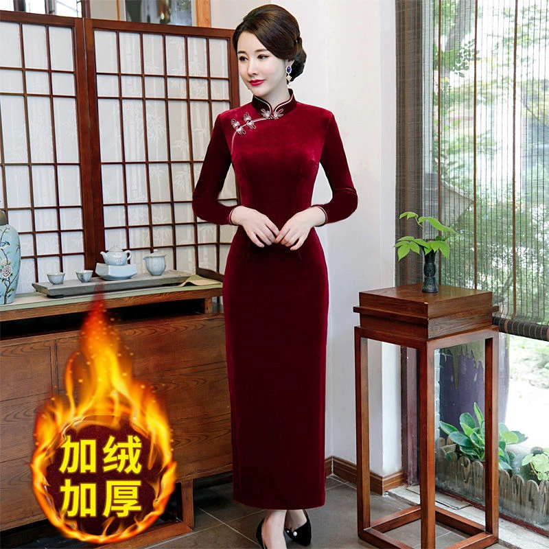 秋冬季加绒加厚长袖长款纯色旗袍大码复古喜妈妈婚礼走秀敬酒礼服