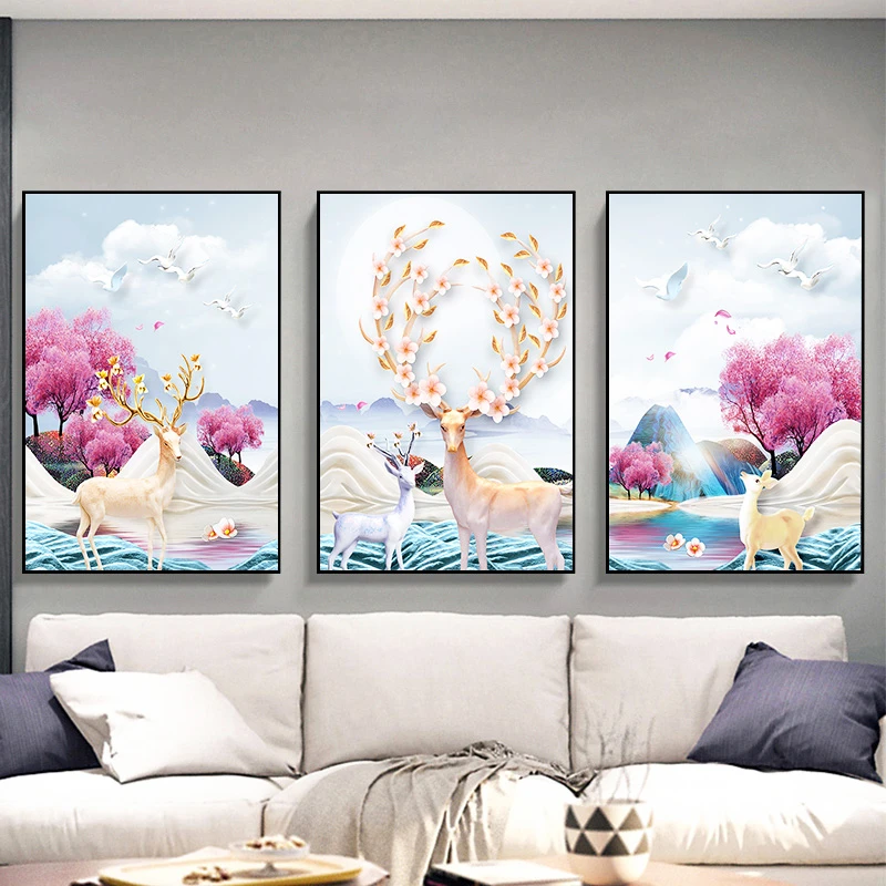 爱阁十字绣春色满园发财麋鹿三联画 简约 梅花吉祥简约风景棉线