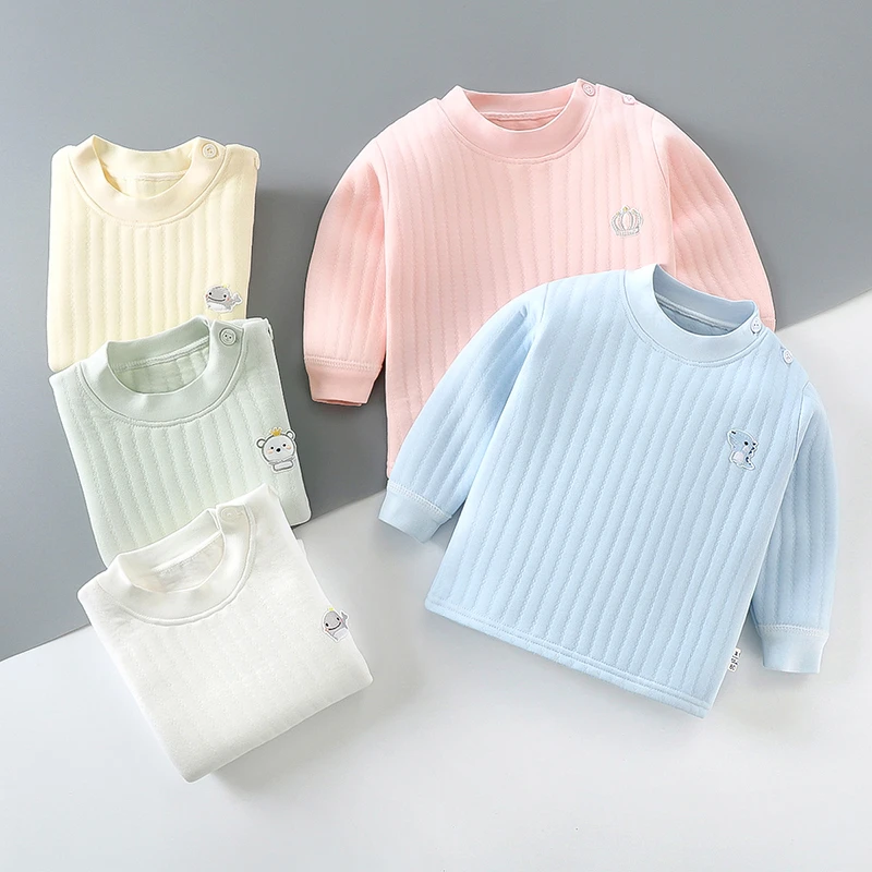 宝宝三层保暖上衣男童女童秋冬内衣婴幼儿夹棉秋衣打底衣0-4加厚