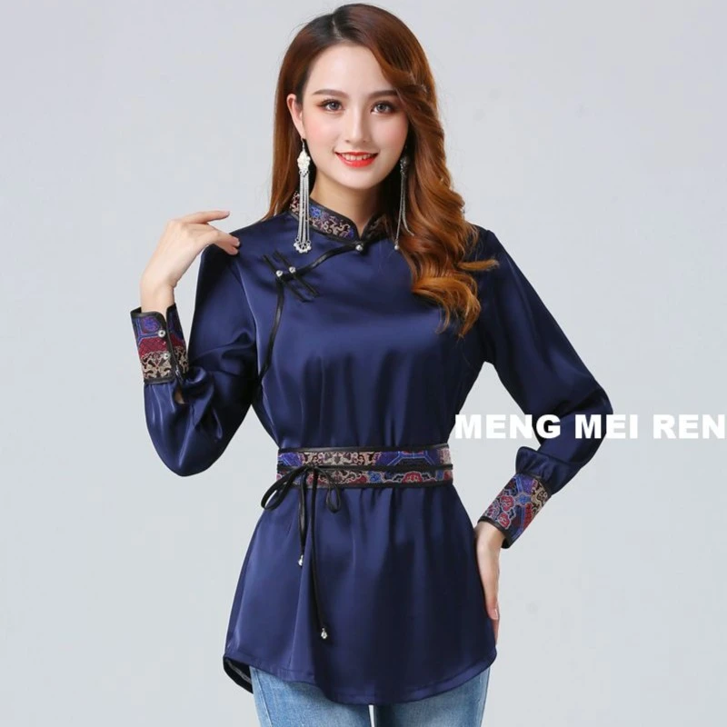 蒙美人-C008仿真丝面料纯色日常百搭上衣 改良新式蒙古民族风服饰