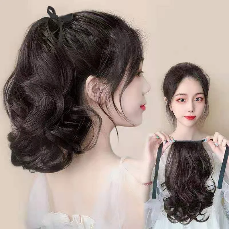 无品牌假发女短卷发微卷假马尾隐形绑带式短发短款梨花假发尾