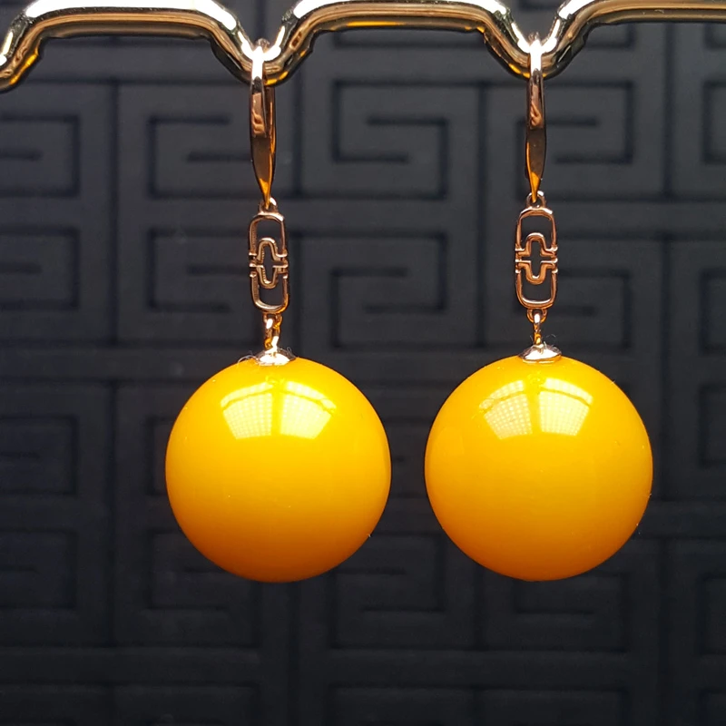 老蜜蜡耳环 18K金镶嵌鸡油黄耳环 蜜蜡耳坠圆珠耳环 俄罗斯琥珀