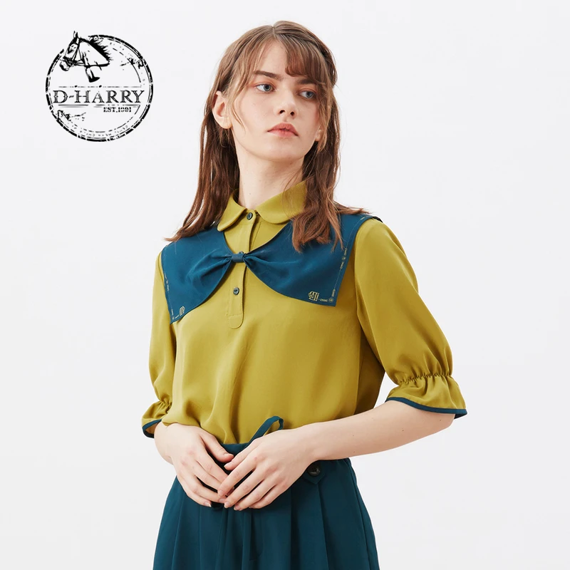 D-HARRY/迪哈利女活泼撞色印花拼接斗篷衬衫DH212R92696D上衣气质