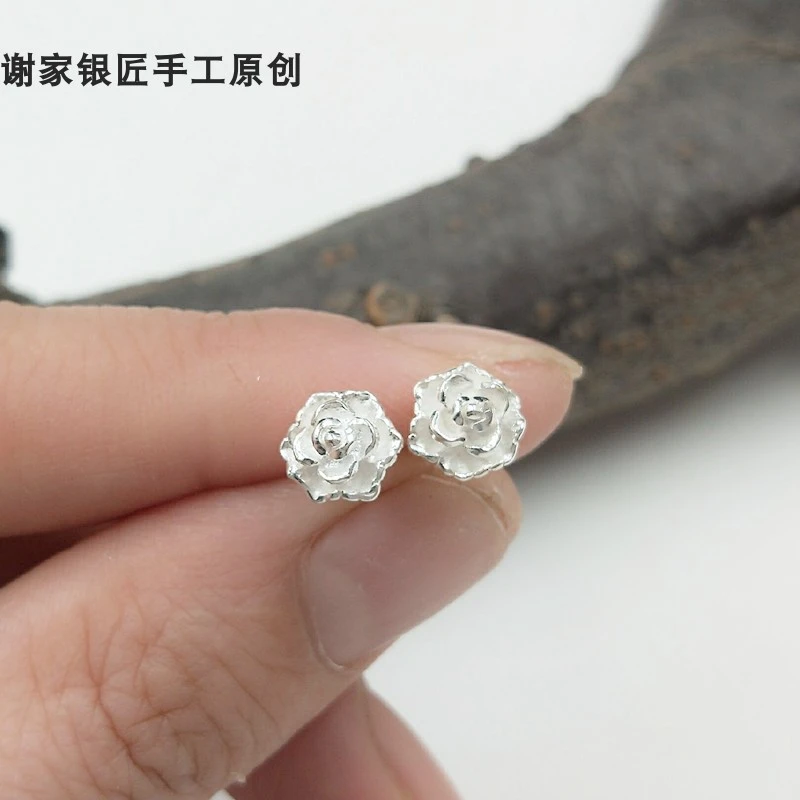 谢家银匠 足银耳饰 女立体多层次玫瑰花耳钉纯银弯钩小巧气质甜美