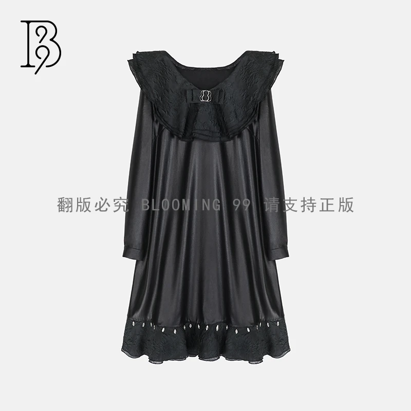 【B99官方旗舰店】女装气质设计师拼接睡裙黑色连衣裙WFWDS13033