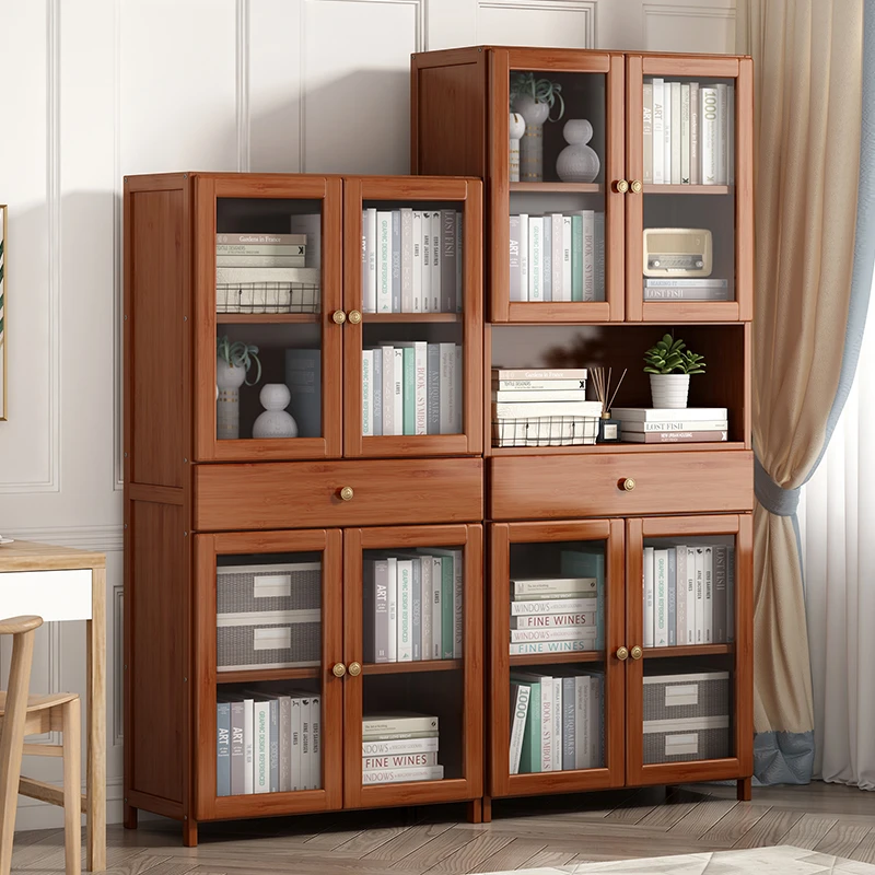 书柜全竹板加厚落地柜多功能置物柜带透明门客厅展示柜收纳储物柜