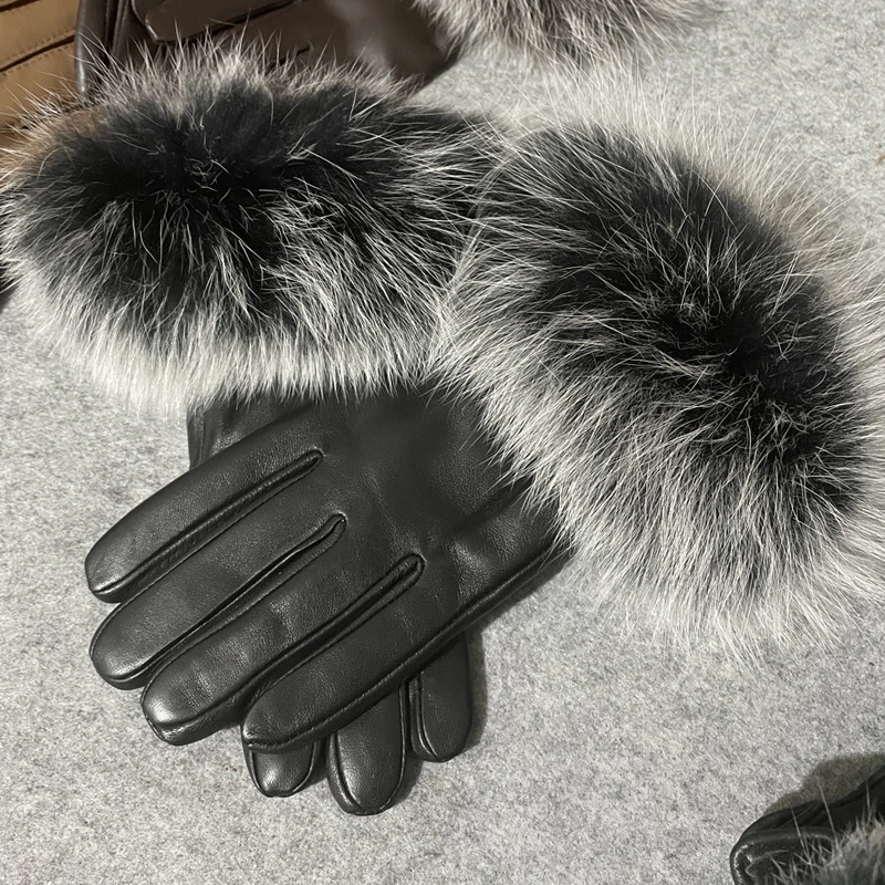 真皮手套女士冬季防寒保暖加绒加厚绵羊皮手套狐狸毛时尚韩版奢华