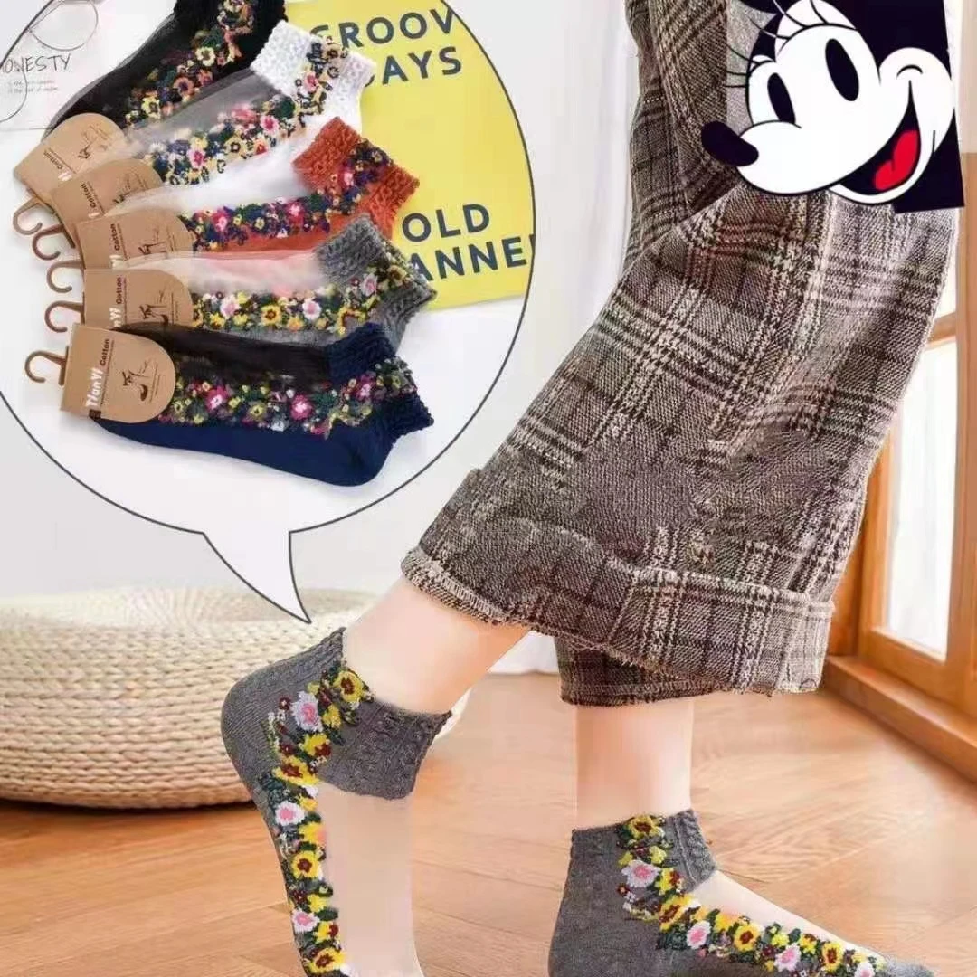 春夏时尚复古小花蕾丝袜棉袜短筒透气浅口条纹薄款袜子短袜