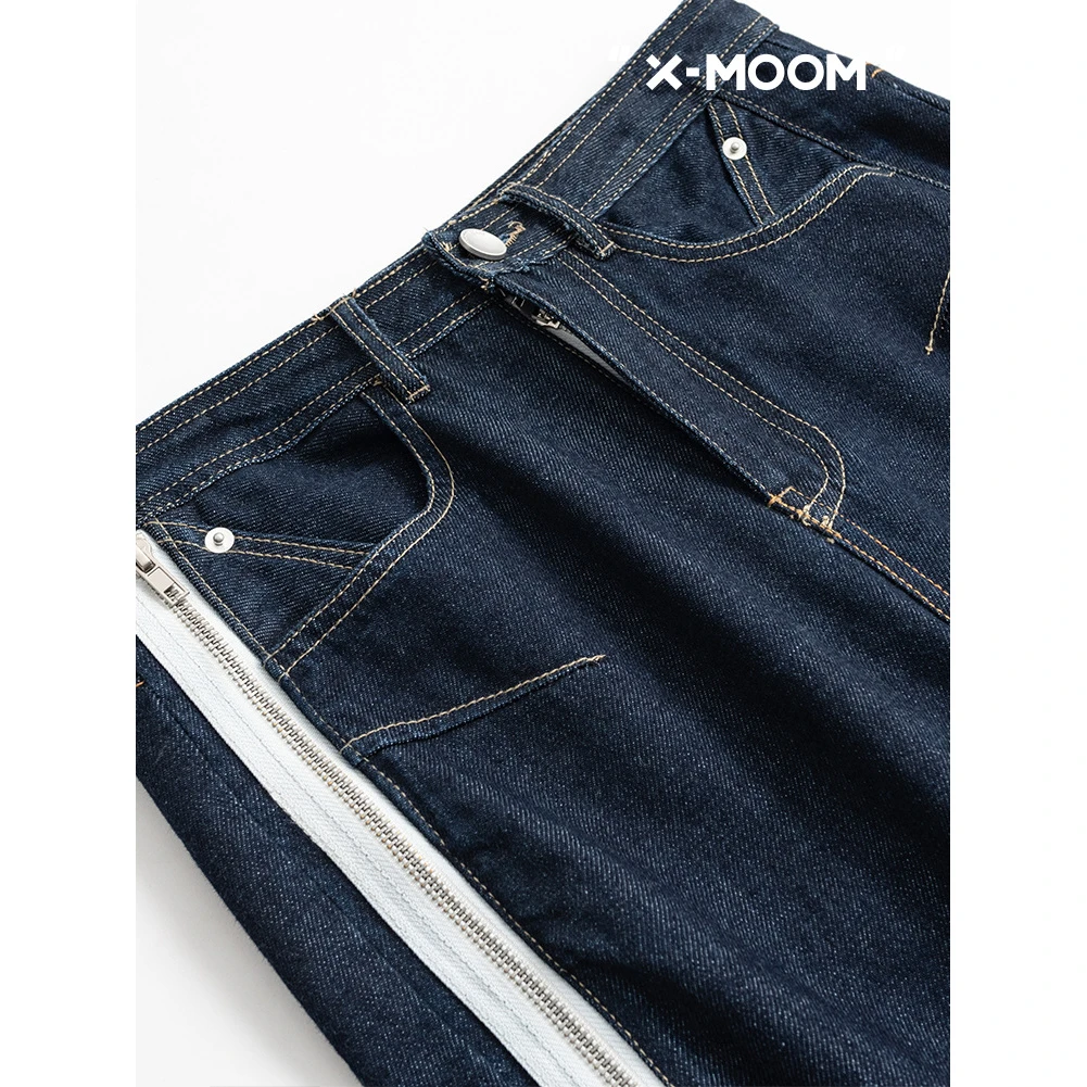 X--MOOM秋季新款拉链原色直筒时尚深色牛仔裤长裤休闲ZTQNN70004